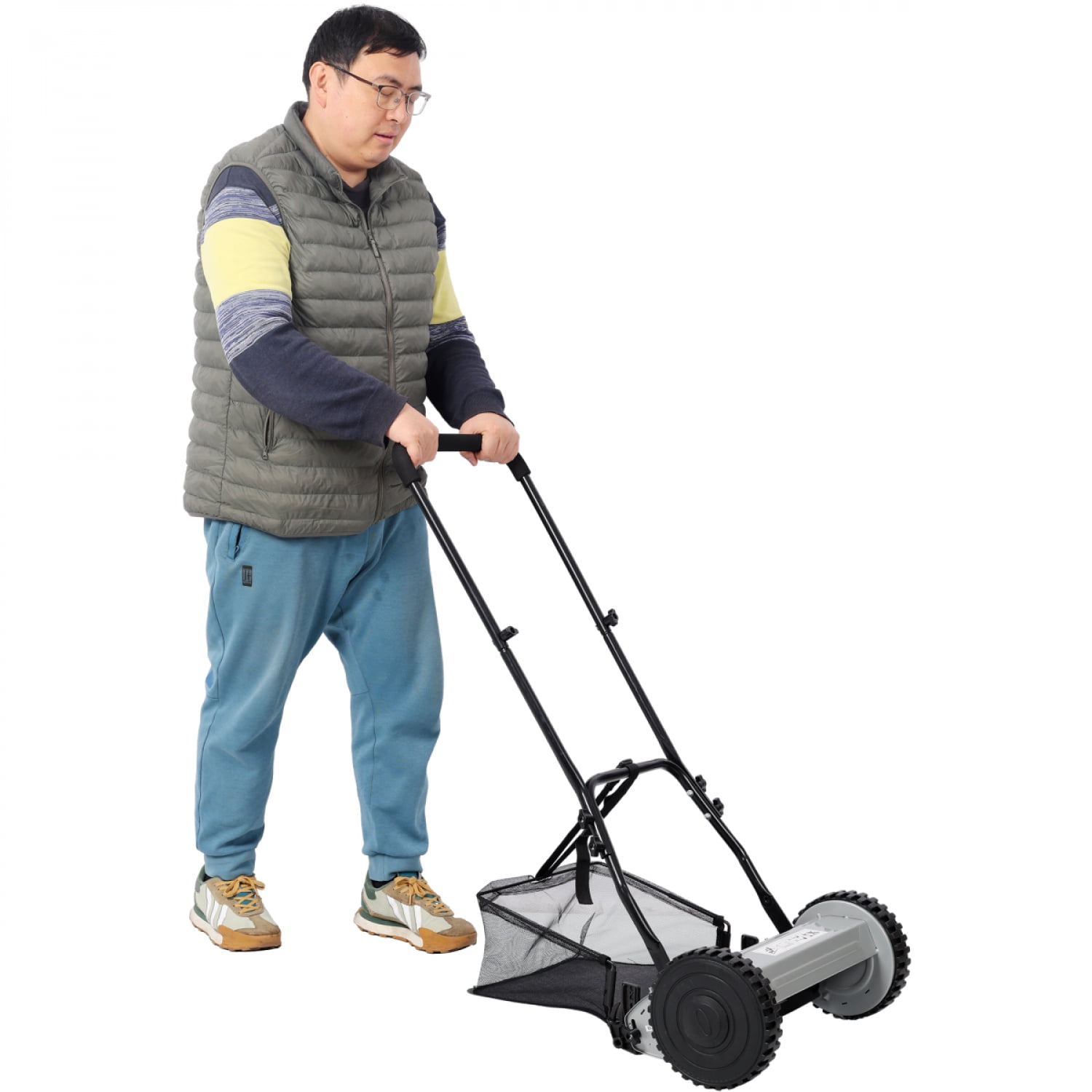 14 Inch 5 Blade Push Reel Lawn Mower with Grass Catcher Adjustable Height Manual Lawn Mower Gray