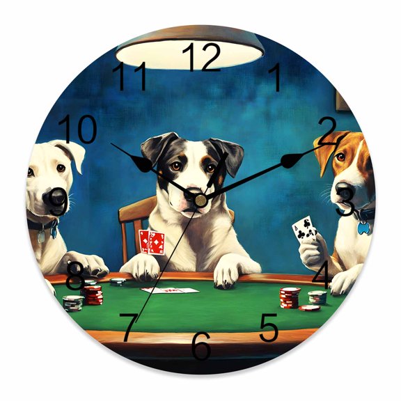 14 Inch Abstract Animal Wall Clock, Dog Playing Poker Game Chips Blue Room Funny Battery Operated Silent Non Ticking Clocks, Easy to Read Round Wall Clock for Kitchen/Living Room/Bedroom/Bathroom