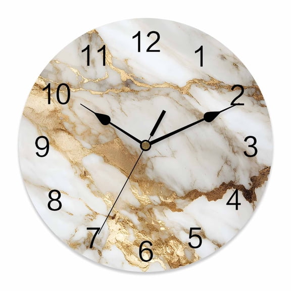 14 Inch Abstract Art Wall Clock, White Marble Pattern Gold Crack Rock Texture Battery Operated Silent Non Ticking Clocks, Easy to Read Round Wall Clock for Kitchen/Living Room/Bedroom/Bathroom