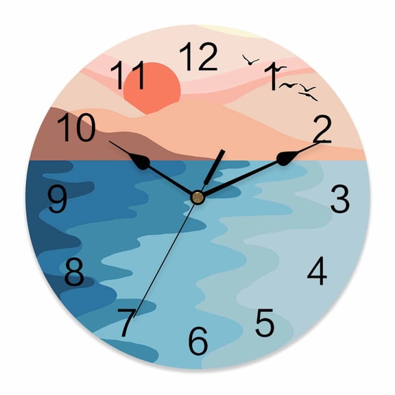 14 Inch Abstract Blue Wall Clock, Ocean Pink Mountain Sun at Sunset Battery Operated Silent Non Ticking Clocks, Easy to Read Round Wall Clock for Kitchen/Living Room/Bedroom/Bathroom