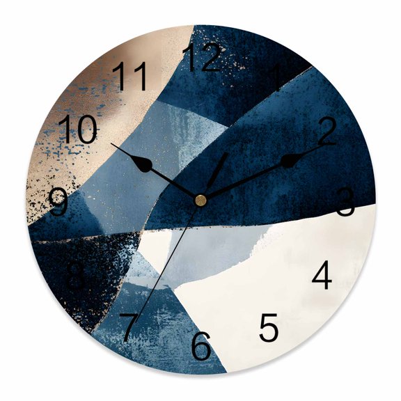 14 Inch Abstract Geometric Wall Clock, Dynamic Blue Gold Beige Art Battery Operated Silent Non Ticking Clocks, Easy to Read Round Wall Clock for Kitchen/Living Room/Bedroom/Bathroom