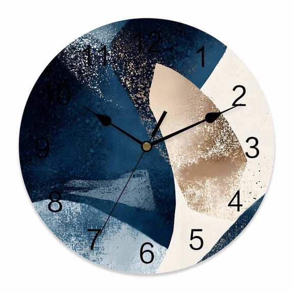 14 Inch Abstract Geometric Wall Clock, Dynamic Deep Blue Gold Art Battery Operated Silent Non Ticking Clocks, Easy to Read Round Wall Clock for Kitchen/Living Room/Bedroom/Bathroom