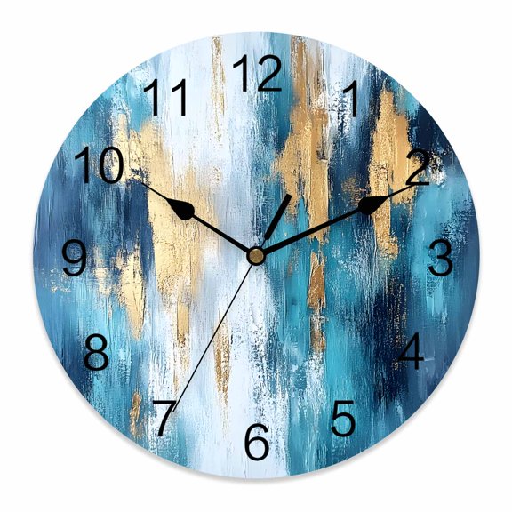 14 Inch Abstract Graffiti Art Wall Clock, Blue Gold Blend Decor Battery Operated Silent Non Ticking Clocks, Easy to Read Round Wall Clock for Kitchen/Living Room/Bedroom/Bathroom