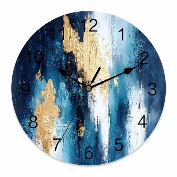 14 Inch Abstract Graffiti Art Wall Clock, Gold Blue Blending Design Battery Operated Silent Non Ticking Clocks, Easy to Read Round Wall Clock for Kitchen/Living Room/Bedroom/Bathroom