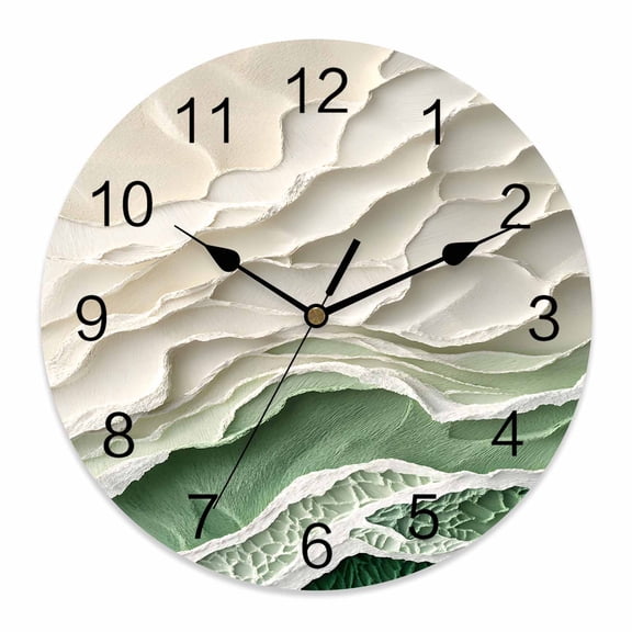14 Inch Abstract Green Wall Clock, Beige Ocean Wave Oil Painting Style Modern Battery Operated Silent Non Ticking Clocks, Easy to Read Round Wall Clock for Kitchen/Living Room/Bedroom/Bathroom