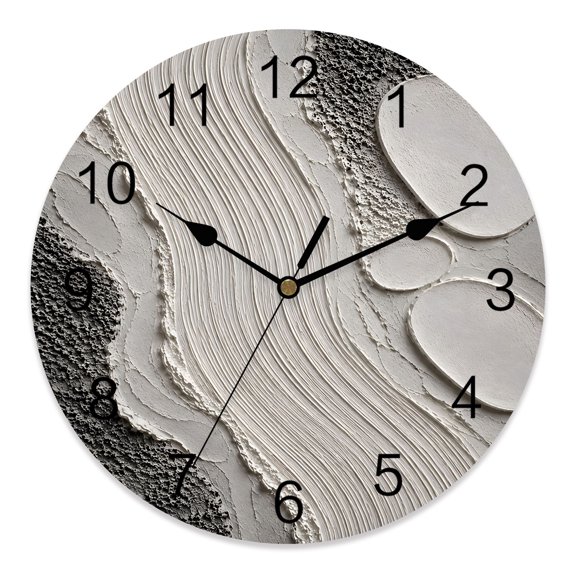 14 Inch Abstract Texture Wall Clock, Zen White Gray Plaster Relief Oval Forms Battery Operated Silent Non Ticking Clocks, Easy to Read Round Wall Clock for Kitchen/Living Room/Bedroom/Bathroom