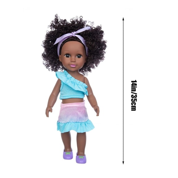 14 Inch African American Fashion Doll, Soft Elastomer Play Doll with Ruffle Top & Gradient Skirt, Washable Pretend Toy, Birthday Gift for Kids Ages 3+