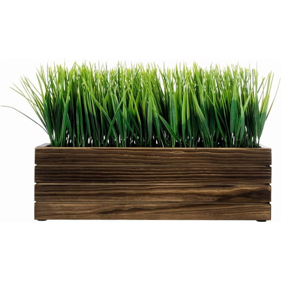14 Inch Artificial Green Grass in Rustic Burnt Solid Rectangular Crate Style Planter Box, Indoor Decor Faux Greenery in Decorative Wooden Container