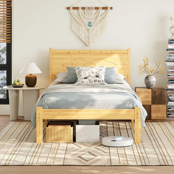 14-Inch Bamboo Twin XL Platform Bed Frame with Tall Headboard, Heavy Duty Metal Slats, No Box Spring Needed, Easy Assembly