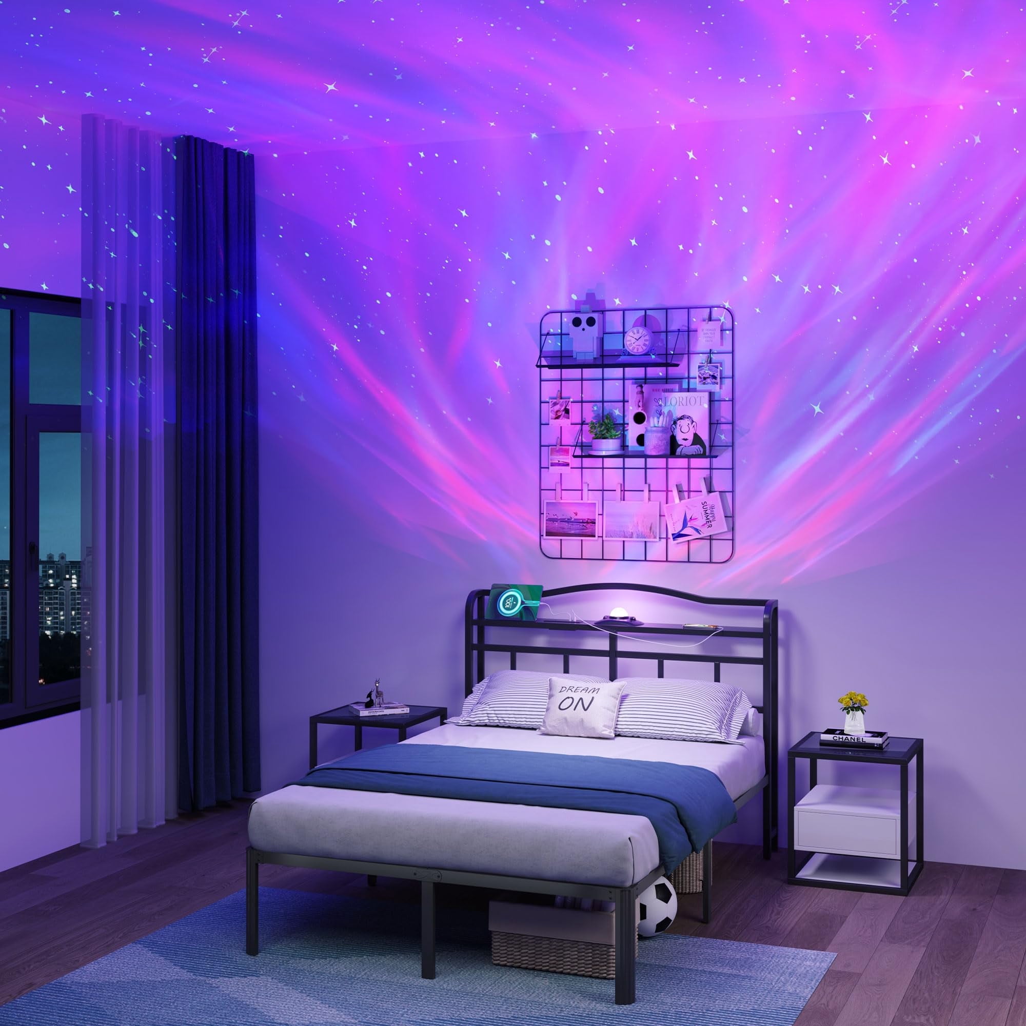 14 Inch Bed Frame Queen Size with Headboard & Charging Station, Heavy Duty Black Bedframe with Galaxy Aurora Projector Metal Platform Mattress Foundation, Easy Assembly, Ample Space, Noise Free
