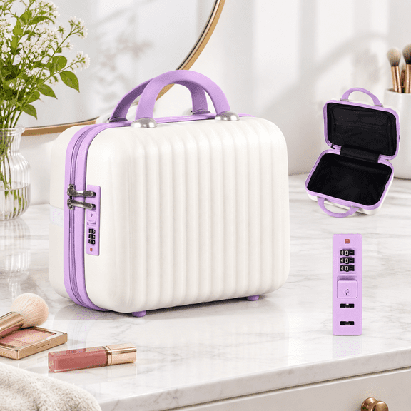 14 Inch Beige+Purple Hard Shell Makeup Case with Lock for Storage