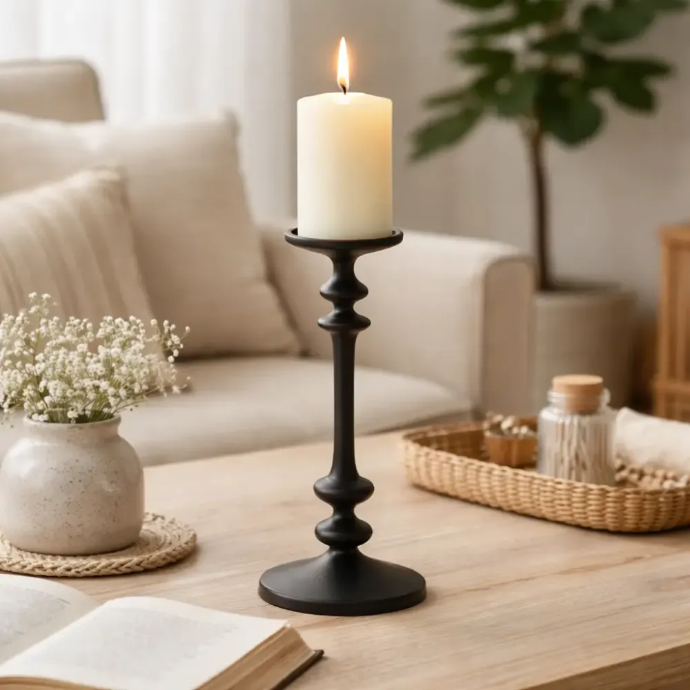14 Inch Black Aluminum Candle Holder, Modern Matte Candlestick Stand for Pillar Candles