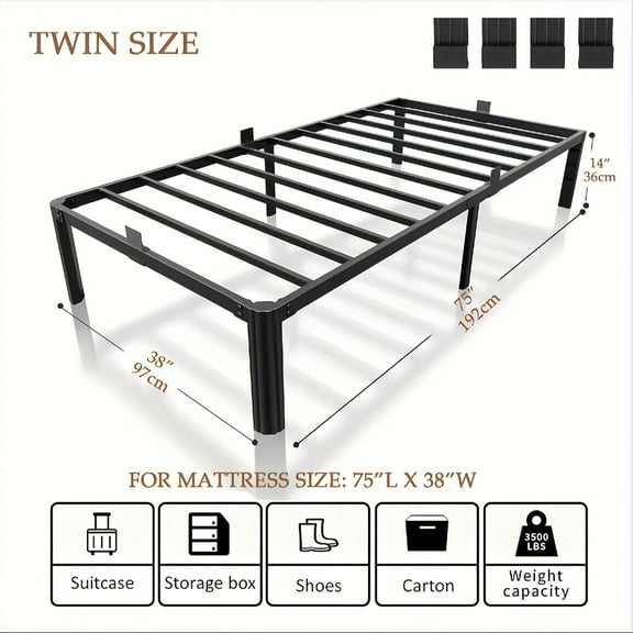 14 Inch Black Metal Bed Frame King/Queen/Full/Twin, 3500LBS Heavy-Duty, Rounded Fan-shaped Legs, 4 Mattress Limiters, No Box Spring Needed, Noise-Free, Underbed Storage, Easy Assembly