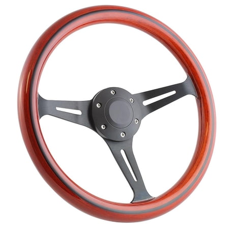 14 Inch Black Steering Wheel with Striped Light Wood Grip and Slotted Spokes