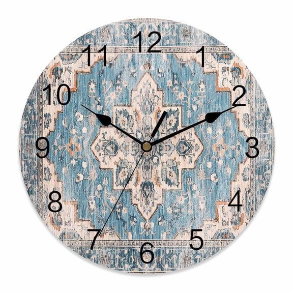 14 Inch Blue Boho Wall Clock, Oriental Medallion Retro Distressed Bohemian Battery Operated Silent Non Ticking Clocks, Easy to Read Round Wall Clock for Kitchen/Living Room/Bedroom/Bathroom