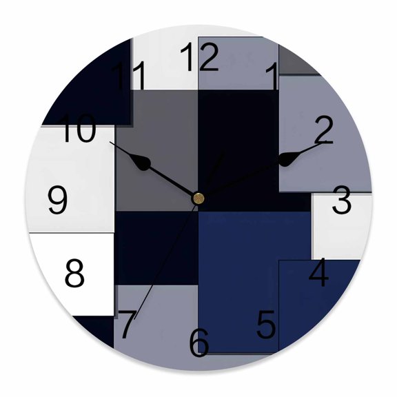 14 Inch Blue Grey Patchwork Wall Clock, Abstract Retro Geometric Art Battery Operated Silent Non Ticking Clocks, Easy to Read Round Wall Clock for Kitchen/Living Room/Bedroom/Bathroom