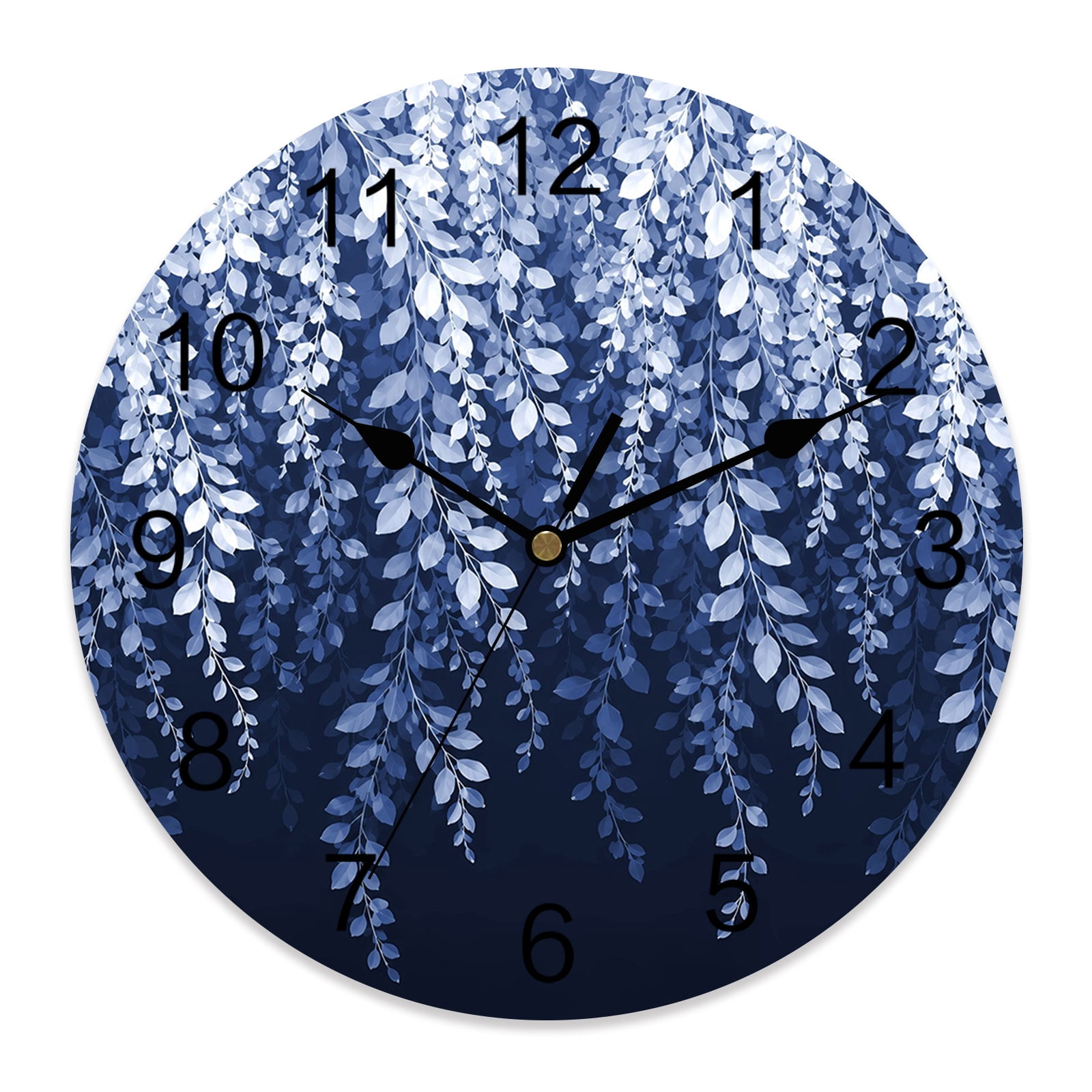 Wall Clock Color Full 14 Inch Blue Leaf Wall Clock, Country Pastoral Watercolor Botanical ...