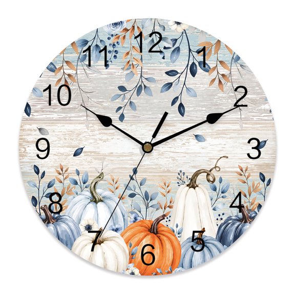 14 Inch Blue Pumpkin Wall Clock, Thanksgiving Orange Cream Pumpkin Leaf Flower Wooden Battery Operated Silent Non Ticking Clocks, Easy to Read Round Wall Clock for Kitchen/Living Room/Bedroom