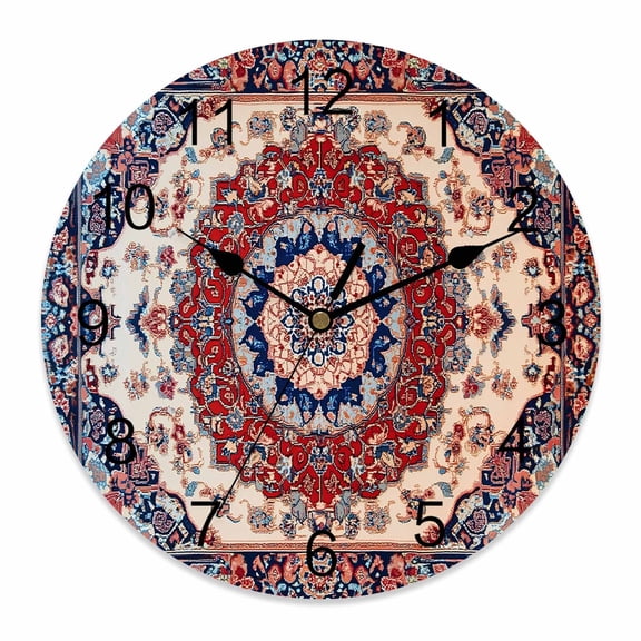 14 Inch Blue Red Floral Wall Clock, Ethnic Oriental Retro Vintage Battery Operated Silent Non Ticking Clocks, Easy to Read Round Wall Clock for Kitchen/Living Room/Bedroom/Bathroom