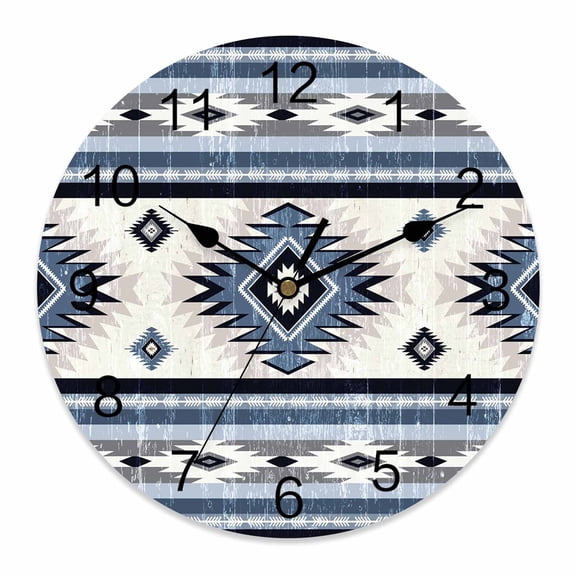 14 Inch Blue Southwestern Wall Clock, Native Aztec Ethnic Style Geometric Battery Operated Silent Non Ticking Clocks, Easy to Read Round Wall Clock for Kitchen/Living Room/Bedroom/Bathroom
