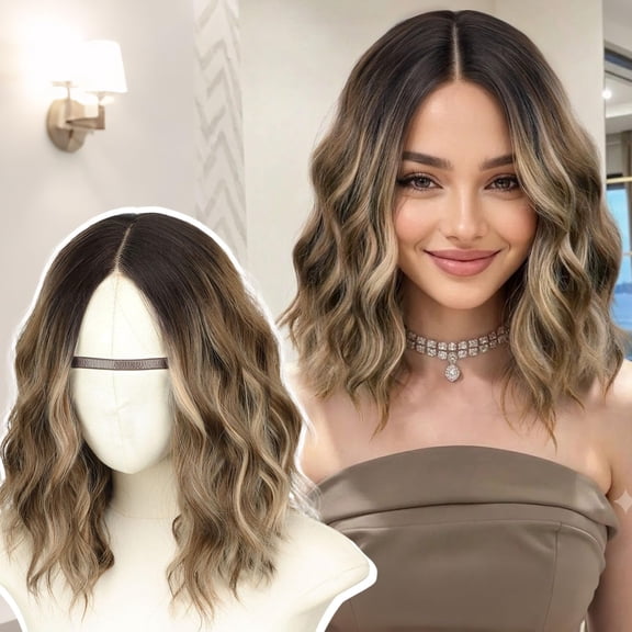 14 Inch Brown Highlight Wavy Synthetic Lace Wig for Women, Pre-Cut T-Lace, Shoulder Length,honey caramel balayage