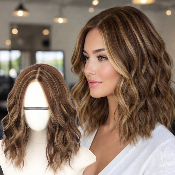 14 Inch Brown Highlight Wavy Synthetic Lace Wig for Women, Pre-Cut T-Lace, Shoulder Length