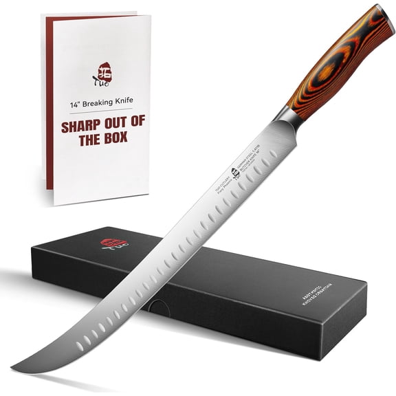 14 Inch Butcher's Breaking Knife for Long Meat Slicing, Pro Curved Slicer Carver, Forged German Steel with Pakkawood Handle - Fiery Phoenix Series