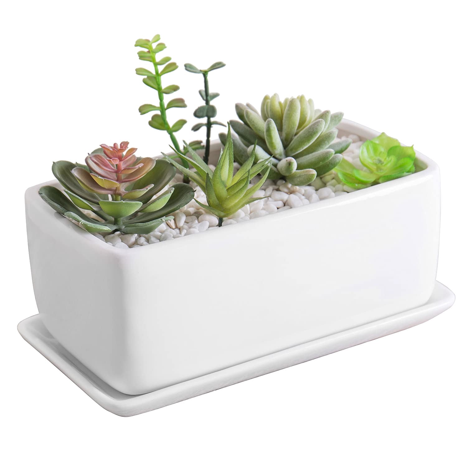 14 Inch Ceramic Indoor Plant Pot with Drainage Hole, Rectangular Succulent Planter Window Box with Removable Saucer, Matte White Finish