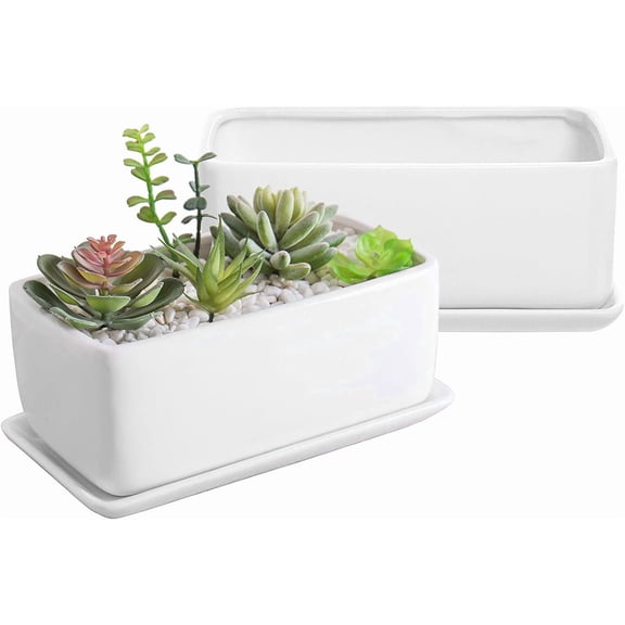 14 Inch Ceramic Indoor Plant Pot with Drainage Hole, Rectangular Succulent Planter Window Box with Removable Saucer, Unglazed White
