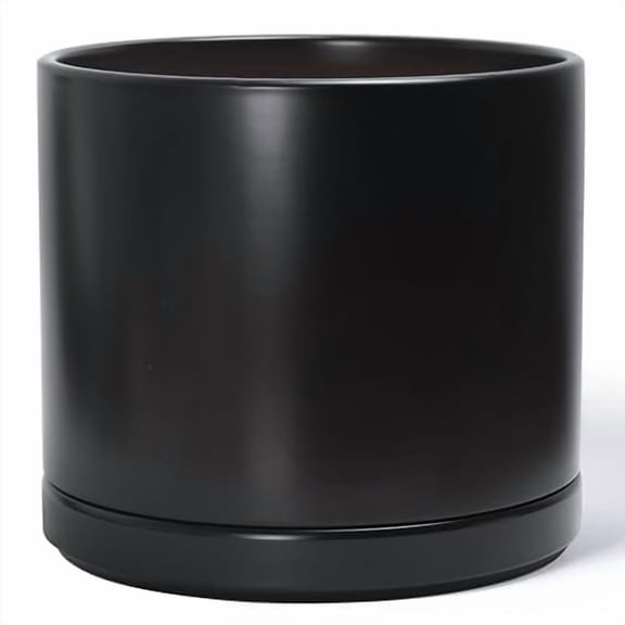 14 Inch Ceramic Planter Pot with Drainage Hole and Saucer, Indoor Cylinder Round Planter Pot, Black, 94-O-G-2
