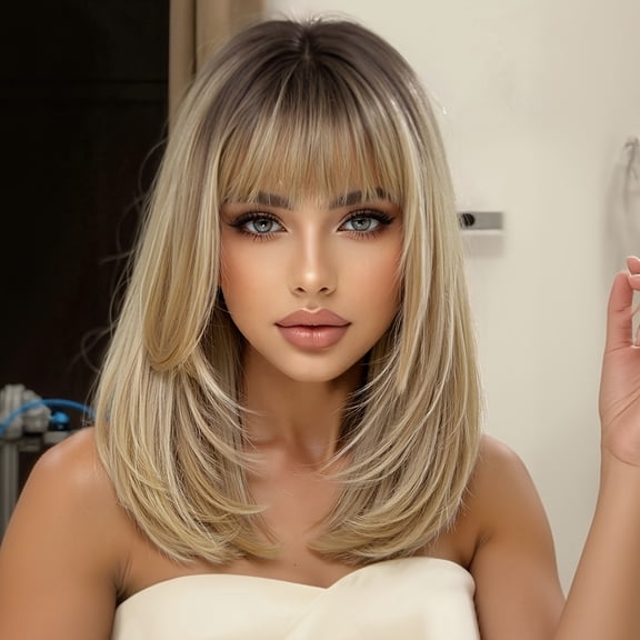 14 Inch Chic Straight Bob Wig for Women with Bangs - Black & Brown Layered Synthetic Hair, Heat Resistant, Rose Net Cap, Density, Perfect for Daily Wear & Cosplay, Cosplay Hairpiece, Sleek Hairpiece