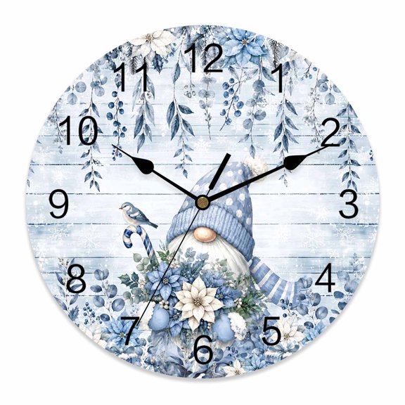 14 Inch Christmas Blue Gnome Wall Clock, Winter Flower Bird Leaf Wood Grain Battery Operated Silent Non Ticking Clocks, Easy to Read Round Wall Clock for Kitchen/Living Room/Bedroom/Bathroom