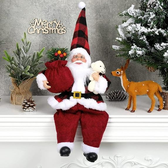 14 Inch Christmas Sitting Santa Hand Crafted Cute Chic Santa Claus Figurines Doll with Gift Bag and Little Bear Christmas Decoration for Home Office Table Xmas Party Ornament Gift