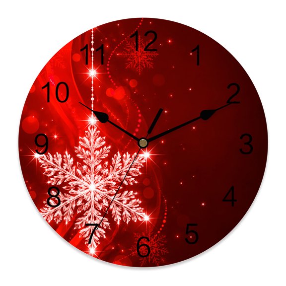 14 Inch Christmas Winter Wall Clock, Magic Sparkle Snowflake Red Background Battery Operated Silent Non Ticking Clocks, Easy to Read Round Wall Clock for Kitchen/Living Room/Bedroom/Bathroom