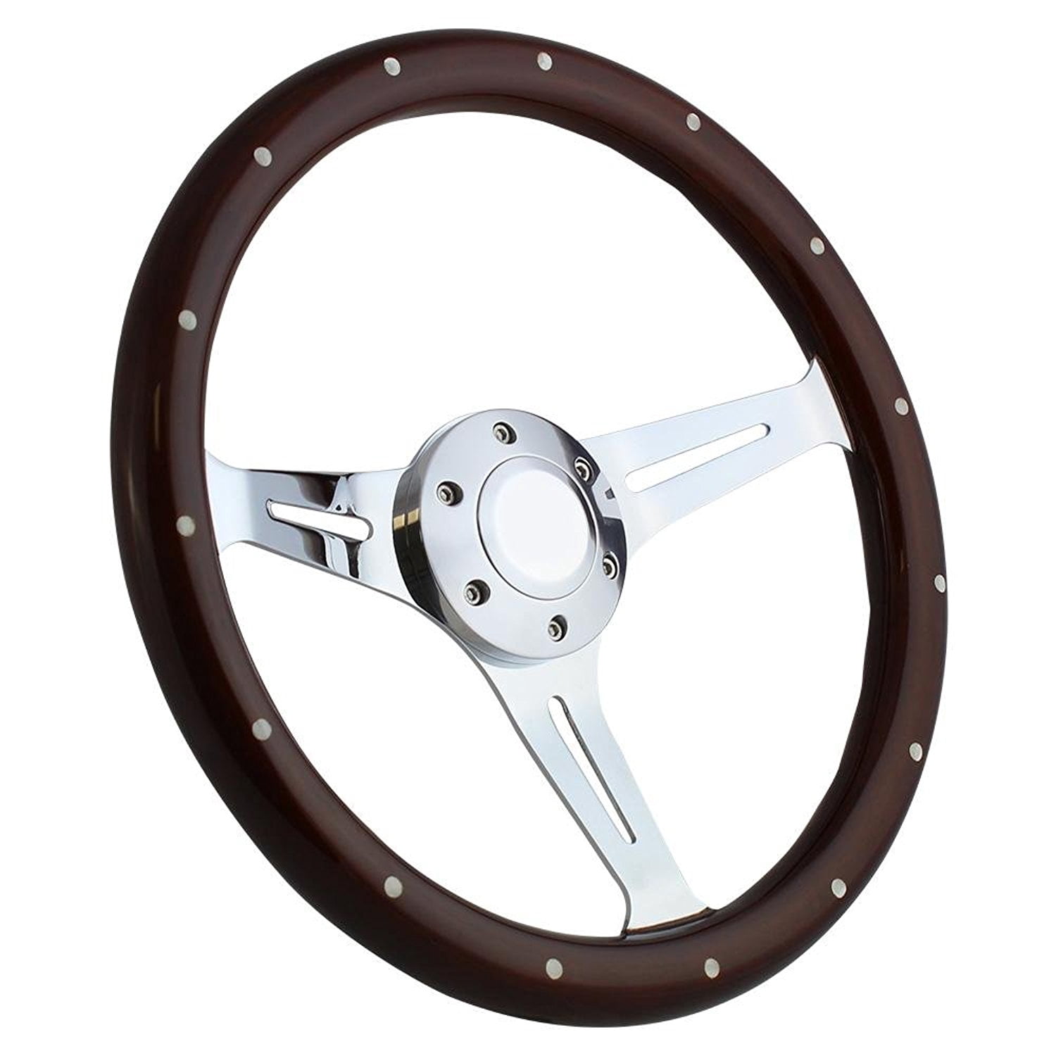 14 Inch Chrome Steering Wheel with Riveted Dark Wood Grip and Slotted Spokes