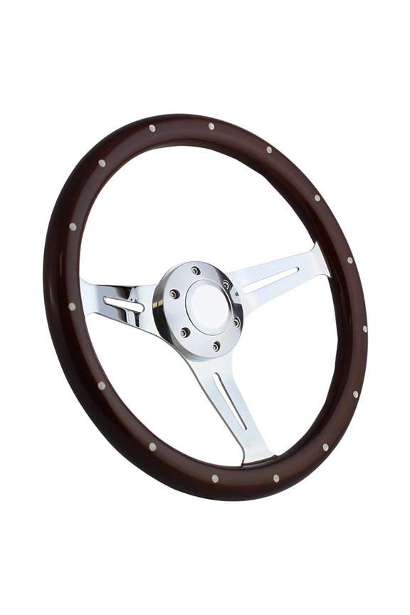 14 Inch Chrome Steering Wheel with Riveted Dark Wood Grip and Slotted Spokes