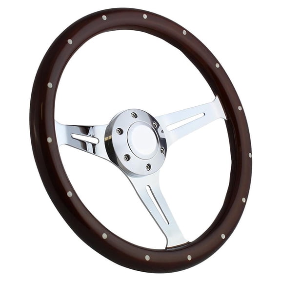 14 Inch Chrome Steering Wheel with Riveted Dark Wood Grip and Slotted Spokes
