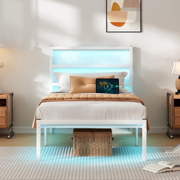 Chuangshuo Guard Twin Size Bed Frame with LED Storage Headboard Shelf, Noise-Free, Metal Platform Bed, White