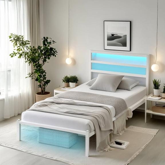 Chuangshuo Guard Twin Size Bed Frame with LED Storage Headboard, Noise-Free, Metal Platform Bed, White