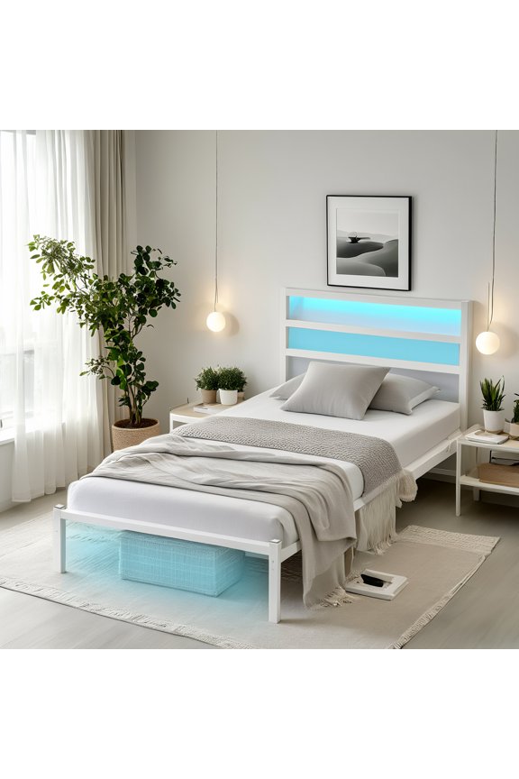 Twin Size Bed Frame with LED Storage Headboard Shelf, Noise-Free, Metal Platform Bed, White