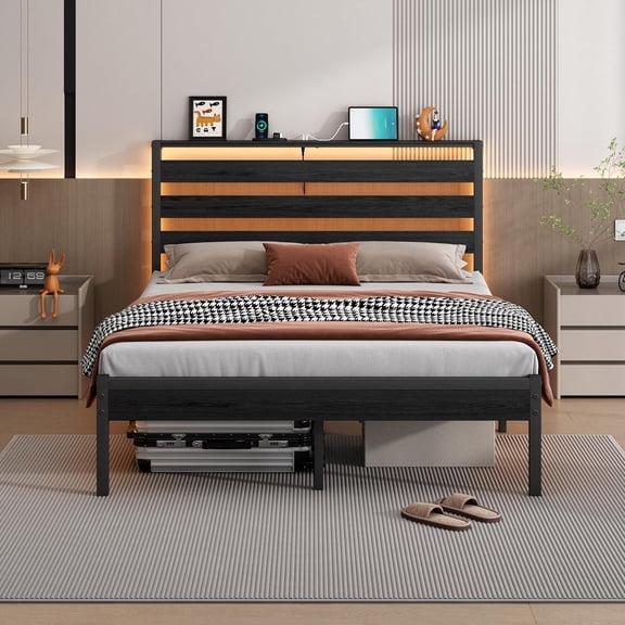 14 Inch Classic Platform Bed Frame-Full Size Bed Frame with Headboard, Slats Support- Bed Frame with Station,Under Bed Storage,No Box Spring Needed,Noise