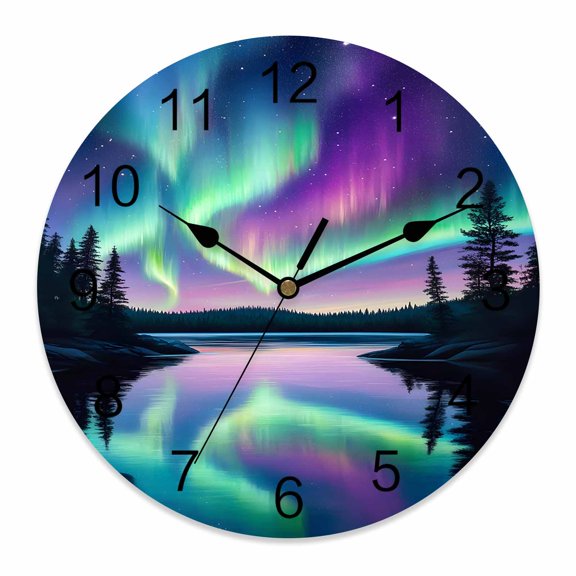 14 Inch Colorful Aurora Wall Clock, Starry Sky Lake Nature Forest Modern Art Battery Operated Silent Non Ticking Clocks, Easy to Read Round Wall Clock for Kitchen/Living Room/Bedroom/Bathroom