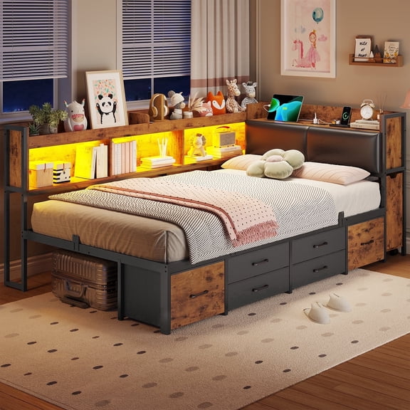 Upholstered Corner Bed Frame with Storage, 14''H Under LED Daybed Frame with Pull-Out Cabinet and Charging Station & 6 Drawers Underneath for Living Room,Bedroom & Guest Room, Black & Vintage Brown