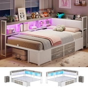 Upholstered Corner Bed Frame with Storage, 14H Under LED Daybed Frame with Pull-Out Cabinet and Charging Station & 6 Drawers Underneath for Living Room,Bedroom & Guest Room, White & Oak Grey