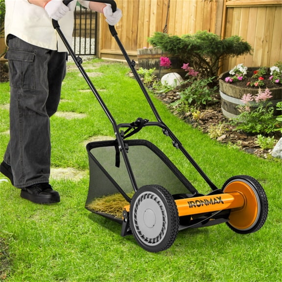 14 Inch Cutting Width Push Lawn Mower Orange with 25L Grass Catcher Bag 4 Position Height Adjustment No Fuel Electricity