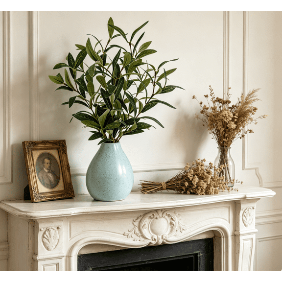 14-Inch Dense Artificial Olive Tree, Olive Stems for Vase & Olive Leaves Decor, Faux Olive Plant for Indoor Outdoor Decorative Planter - Light Blue