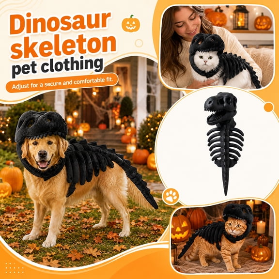 14 Inch Dinosaur Skeleton Pet Outfit, Small Dog Halloween, Dog Skeleton Halloween, T Rex Dinosaur Toys, Full Black T-Rex Skeleton Design for Small Breed Pets to Wear for Halloween