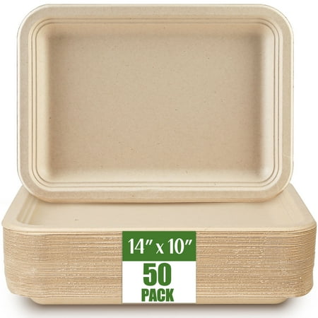 14 Inch Disposable Food Trays for Serving, 50 Pack Large Rectangle Biodegradable Paper Platters, Eco-Friendly Compostable Plates