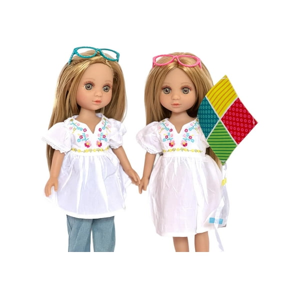 14 Inch Doll Clothes- Kite Flying Outfit and Denim Flower Outfit- Includes Kite and Two Glasses