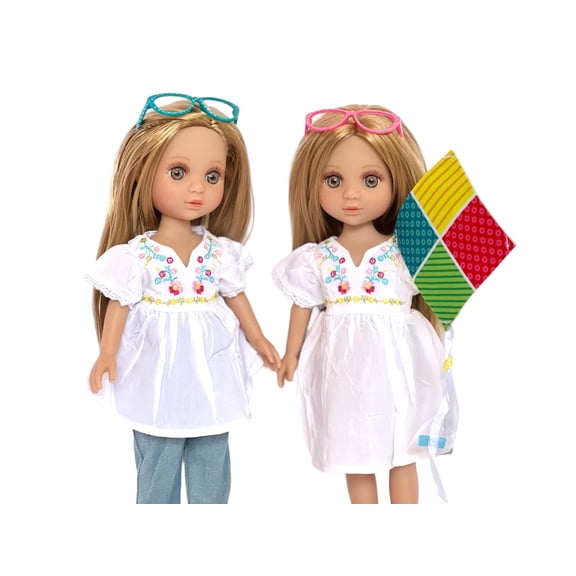 14 Inch Doll Clothes- Kite Flying Outfit and Denim Flower Outfit- Includes Kite and Two Glasses